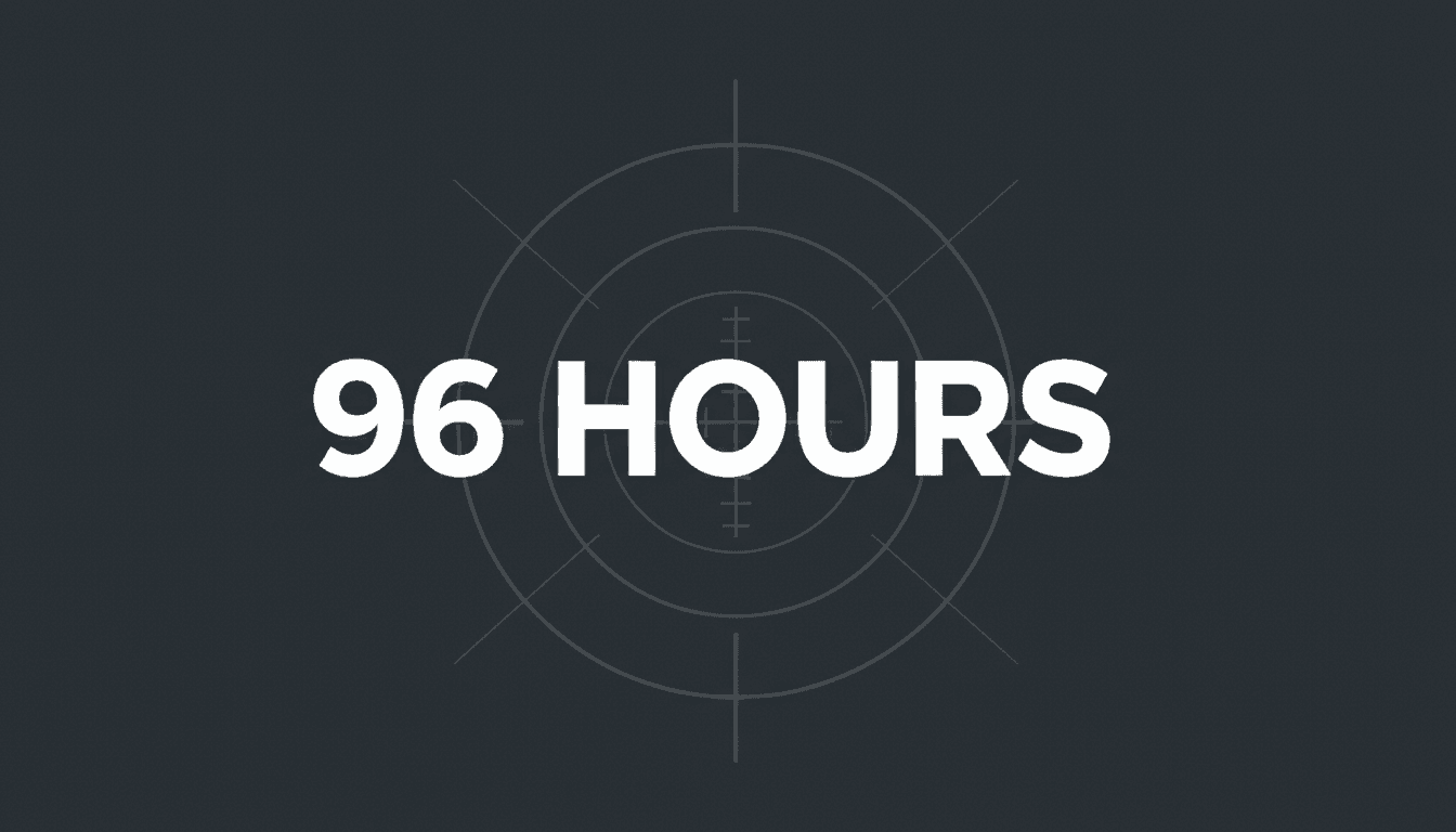 Bold typography reading 96 hours highlighting the readiness window for potential Iran strike operations