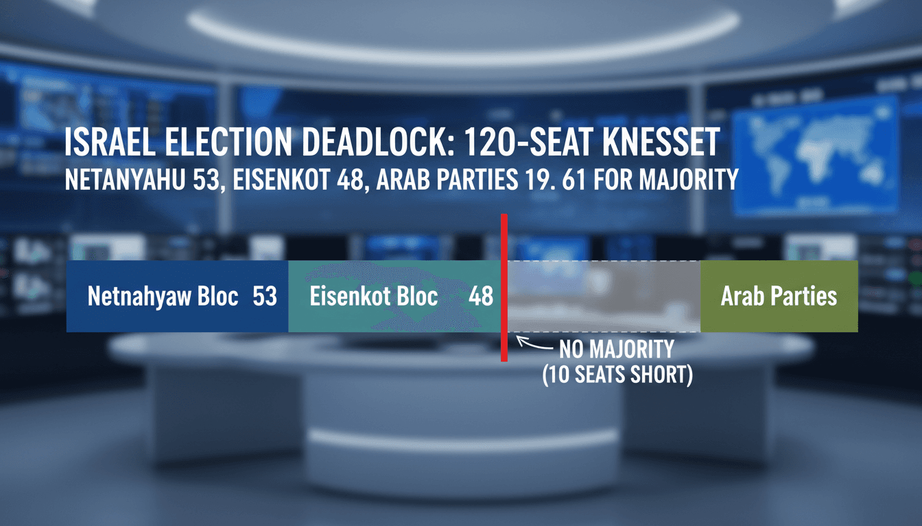 Knesset seat distribution diagram illustrating the 2026 Israeli election deadlock below the 61-seat majority line.