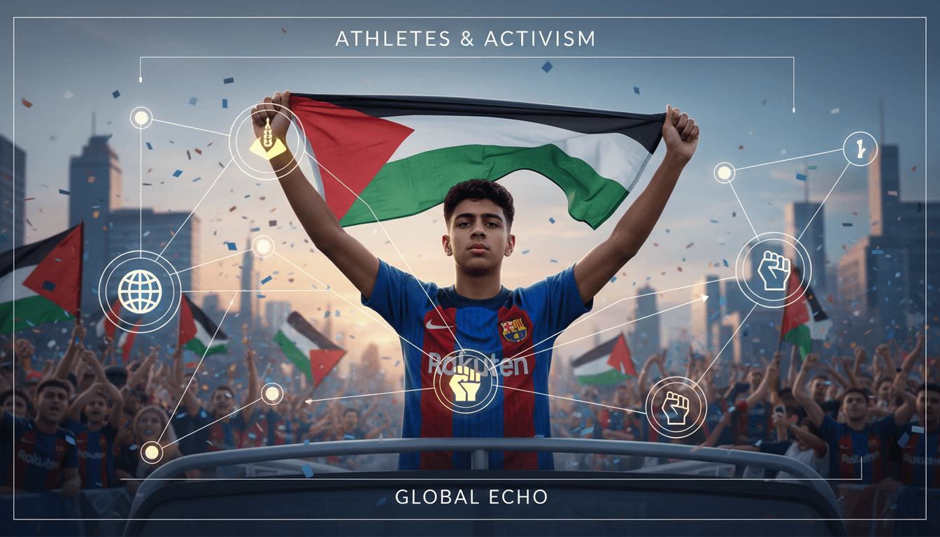Lamine Yamal waving a Palestinian flag during FC Barcelona's title celebrations.