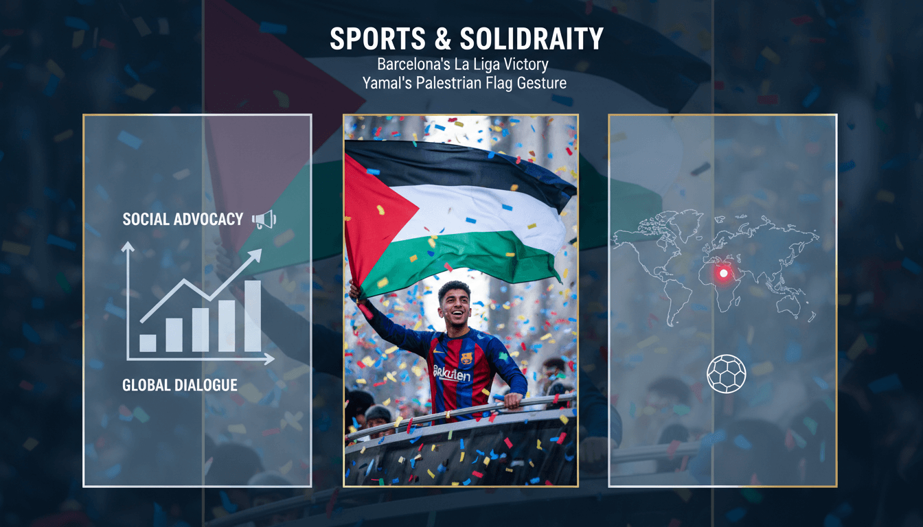 Lamine Yamal waving a Palestinian flag during Barcelona's victory parade