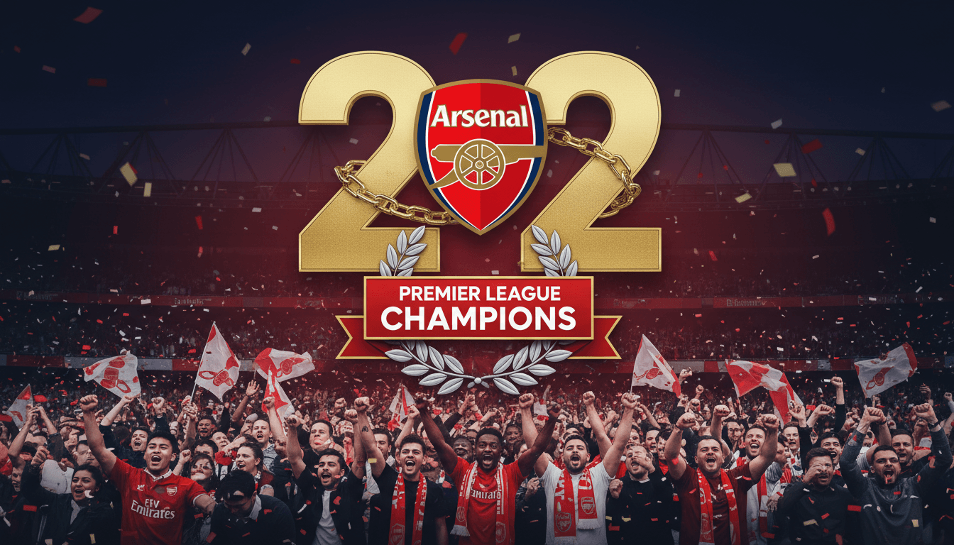 Celebratory image of Arsenal fans after winning the Premier League title, highlighting their 22-year drought ending.
