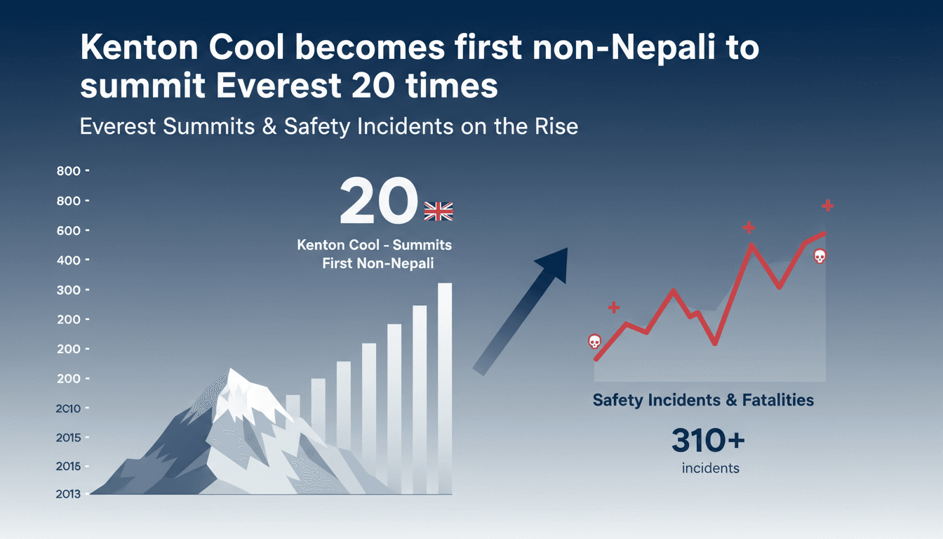 Kenton Cool celebrating his 20th summit of Mount Everest.