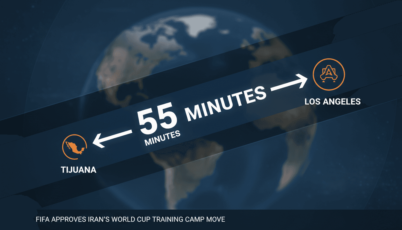 A map illustrating the flight route from Tijuana to Los Angeles, highlighting the 55-minute travel time for Iran's World Cup training camp.