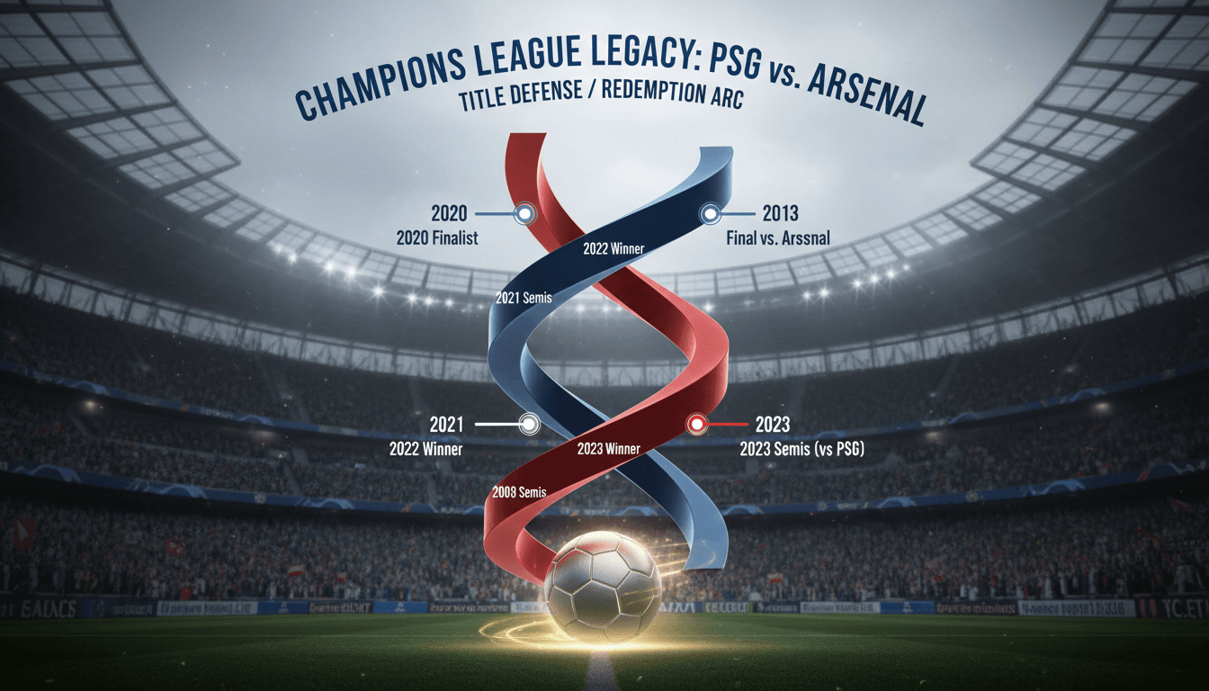 PSG and Arsenal logos with a Champions League trophy backdrop