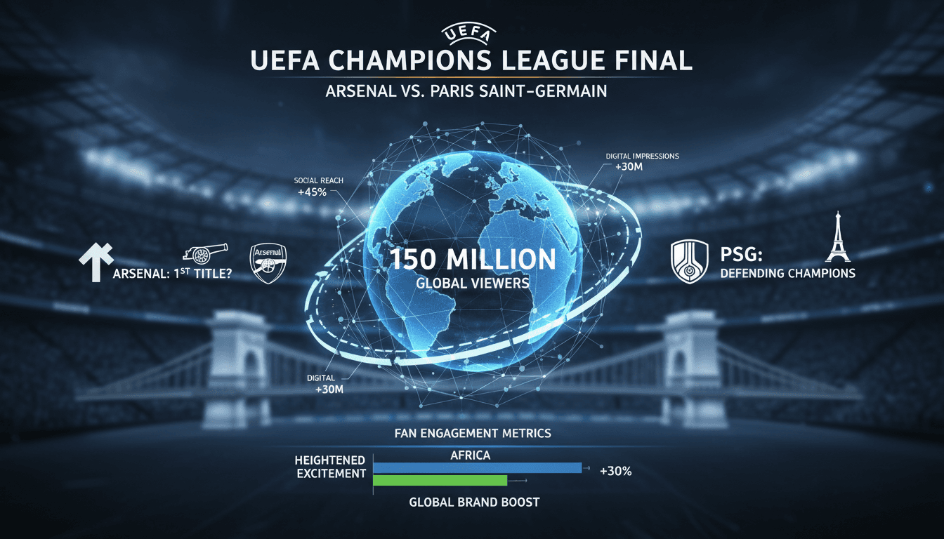 Arsenal and PSG logos with a football background for the Champions League final.