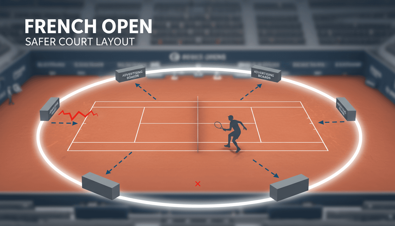 French Open court with relocated advertising boards for player safety