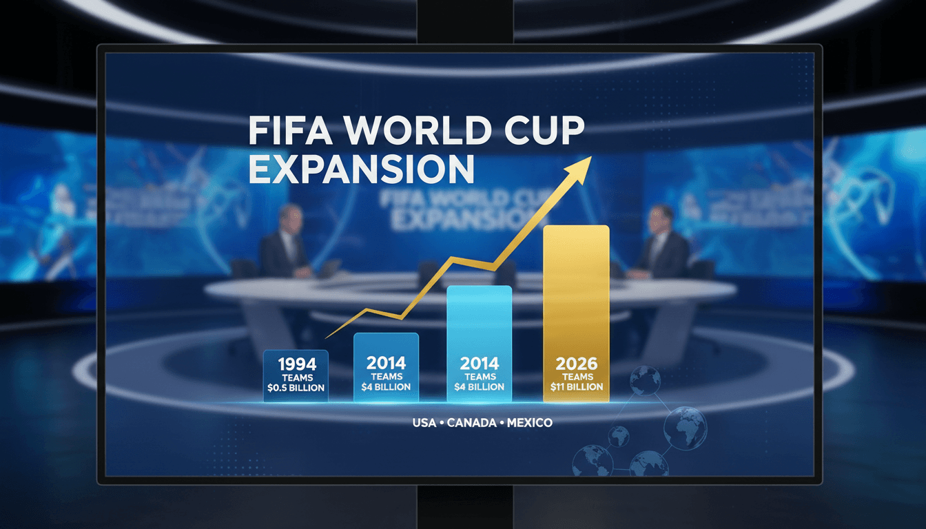 Graphic representation of the 2026 FIFA World Cup expansion and revenue goals.