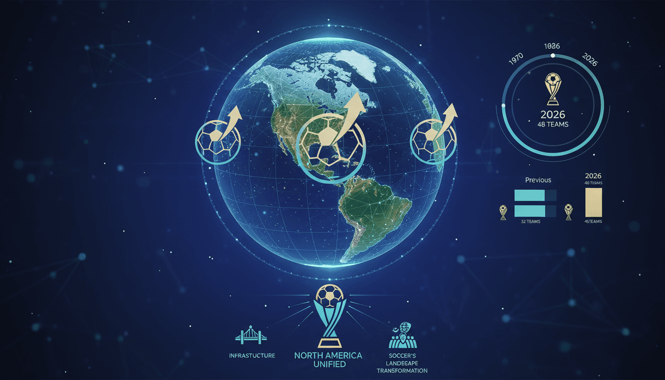 A vibrant graphic depicting the 2026 FIFA World Cup with flags of participating nations.