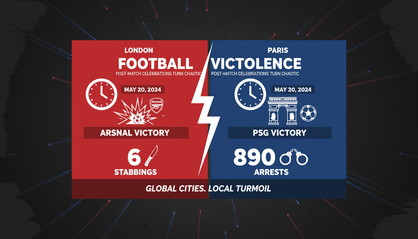 Celebrations marred by violence during football victories in London and Paris.
