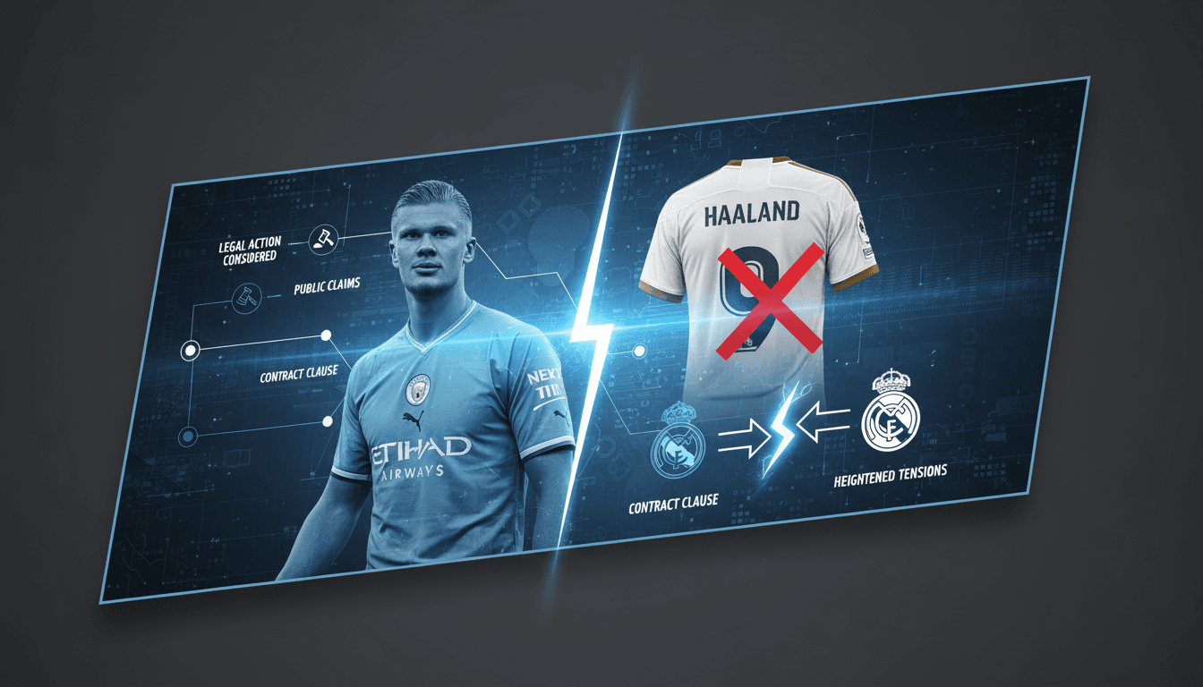 Manchester City and Real Madrid logos with a football background