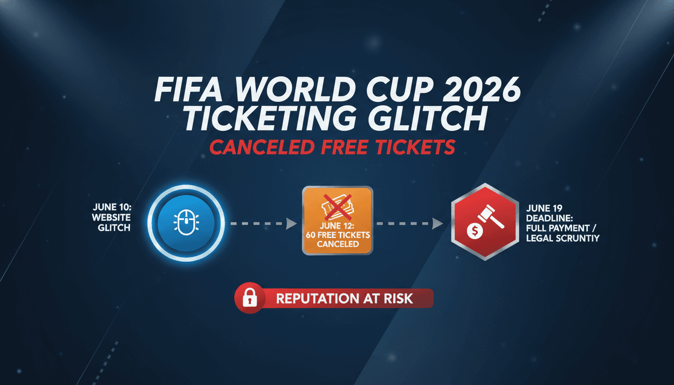 FIFA logo with a background of World Cup tickets and a glitch effect