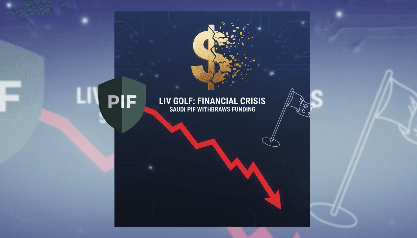 LIV Golf logo with a backdrop of a golf course and financial graphs.