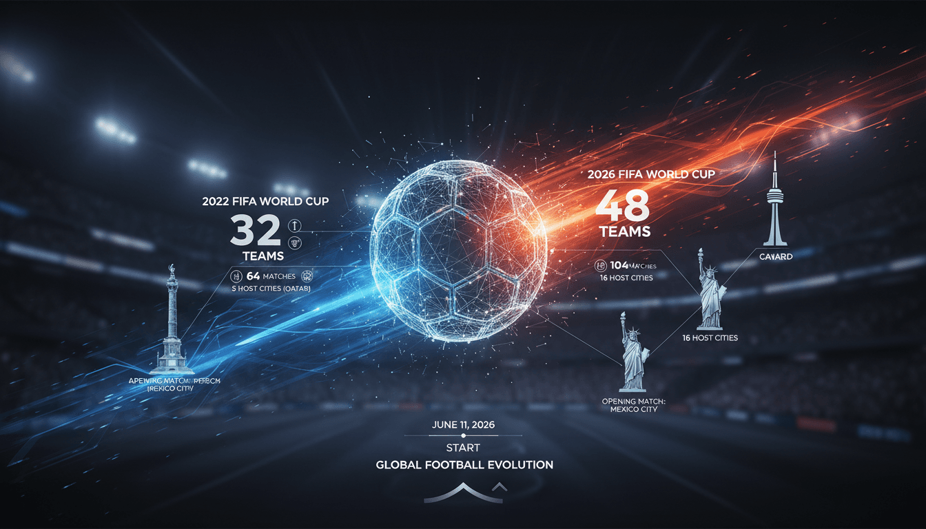 A vibrant graphic showcasing the 2026 FIFA World Cup logo and host cities.