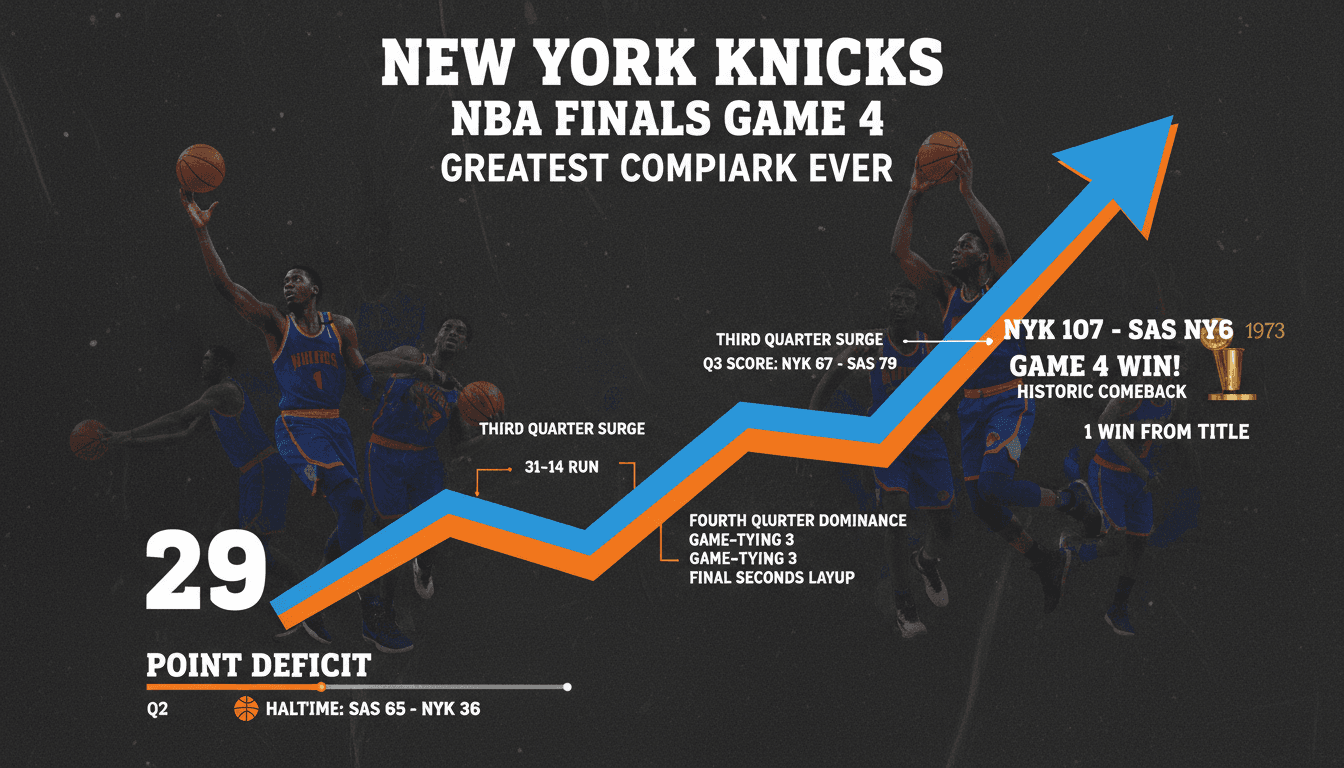 New York Knicks players celebrating their historic comeback victory in Game 4 of the NBA Finals.