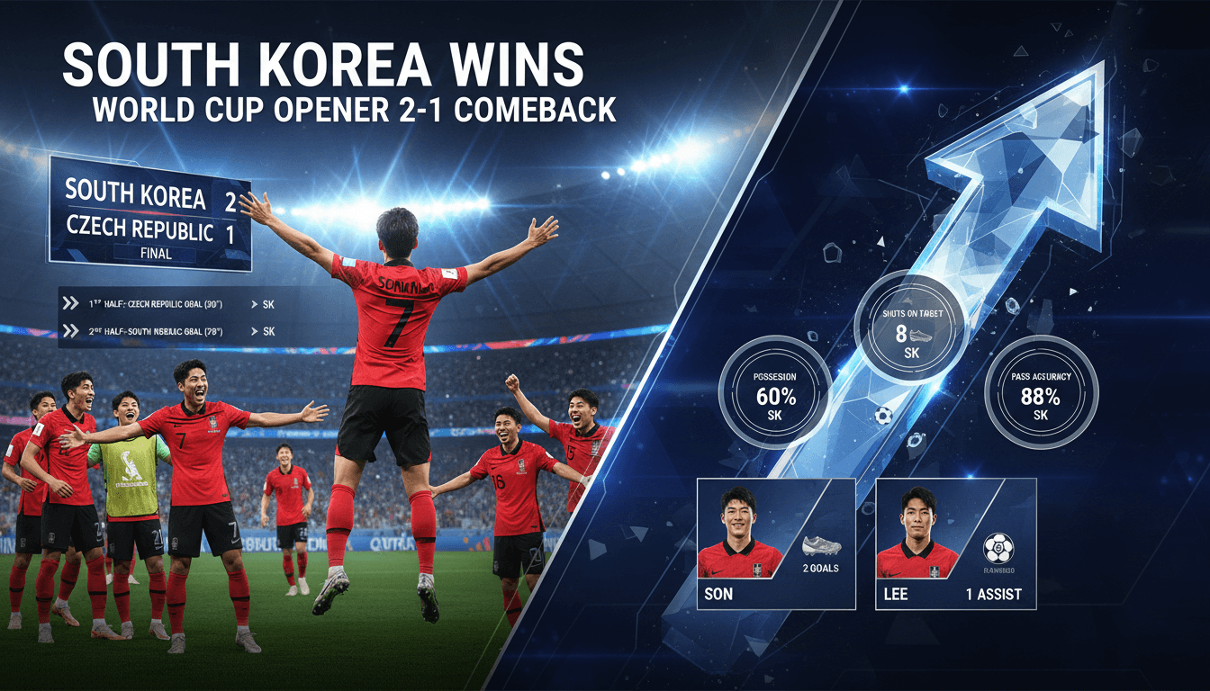 South Korea's football team celebrating their comeback victory against the Czech Republic in the 2026 World Cup.