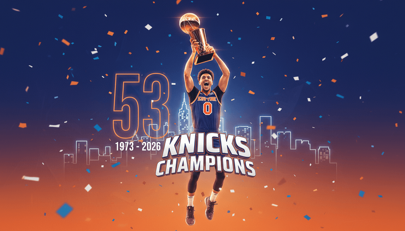 Jalen Brunson celebrating with the championship trophy after the Knicks' historic NBA Finals victory.