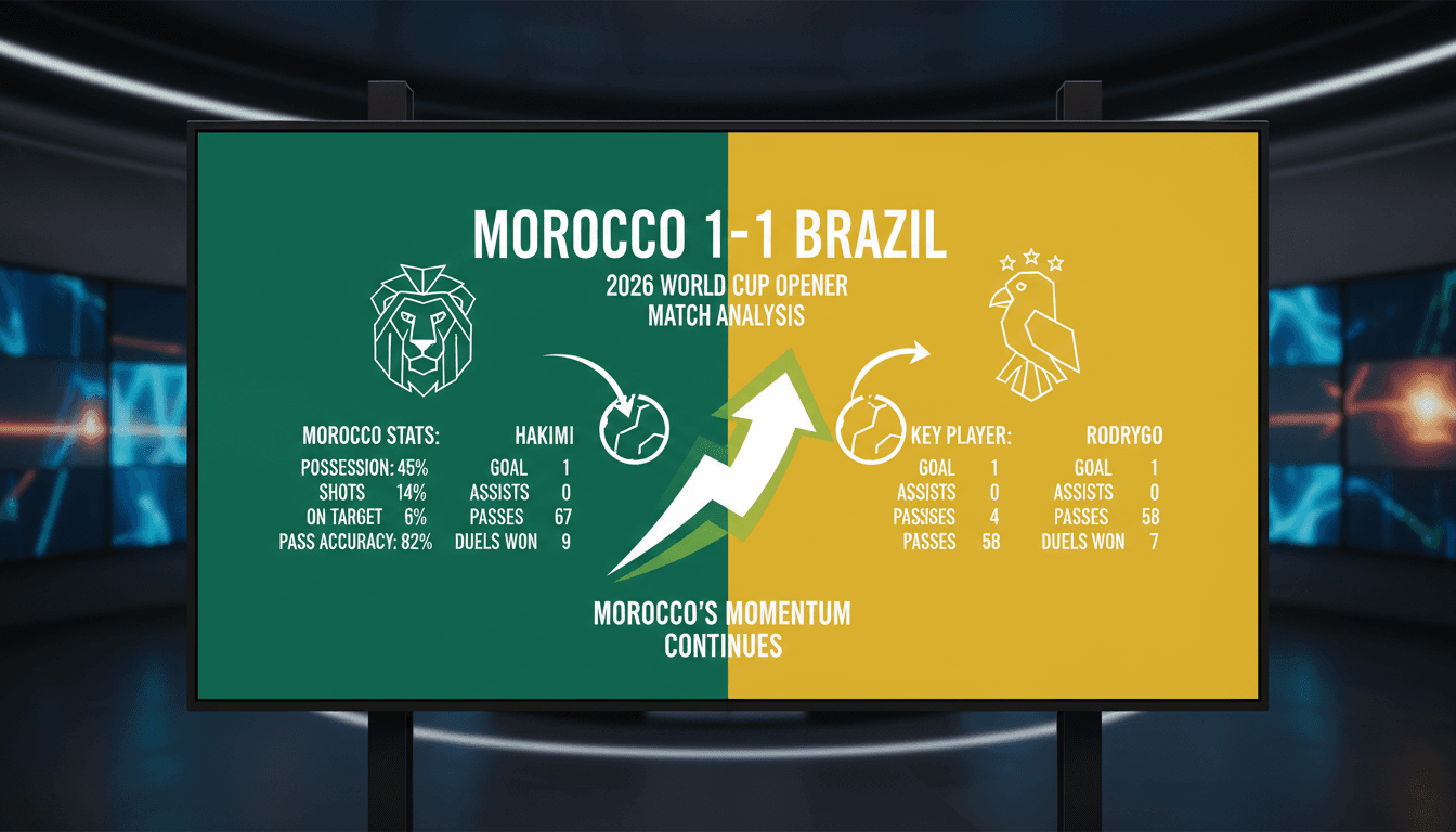Morocco's national football team celebrating during their match against Brazil in the 2026 World Cup.