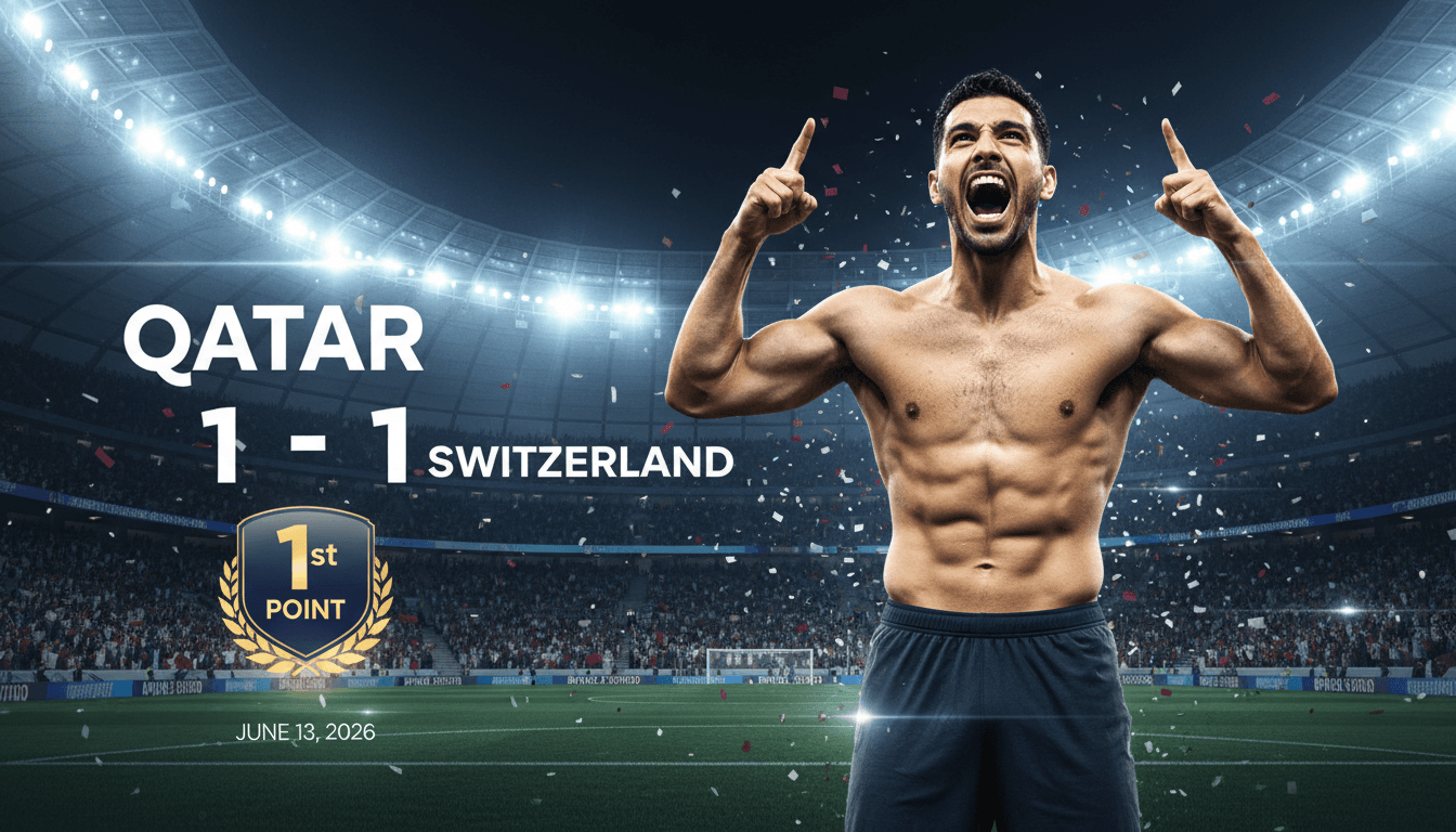 Boualem Khoukhi celebrating Qatar's first World Cup point with a dramatic equalizer against Switzerland.