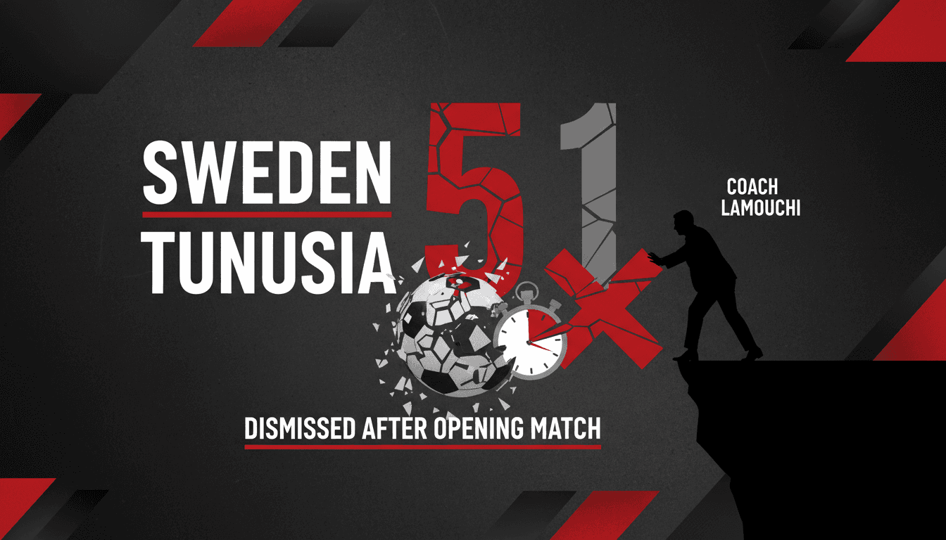 A graphic showing Tunisia's 5-1 loss to Sweden in the World Cup, highlighting the coach's dismissal.