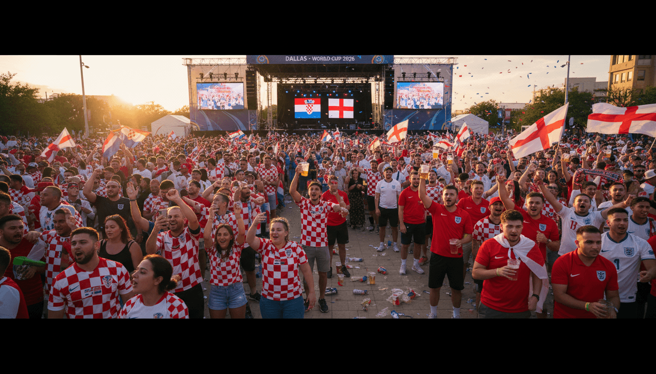 Croatian and English fans celebrating in downtown Dallas before the World Cup match.