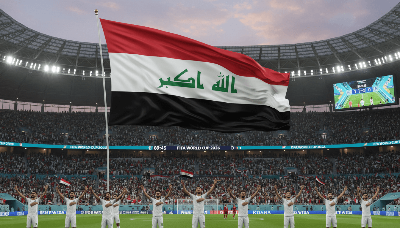 Iraqi national team raising their flag during the World Cup, symbolizing national pride and unity.