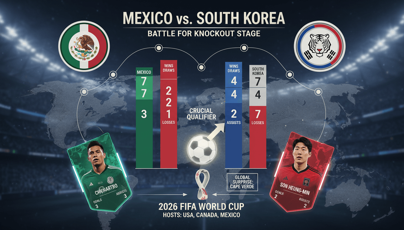 Mexico and South Korea players competing in the 2026 FIFA World Cup match.
