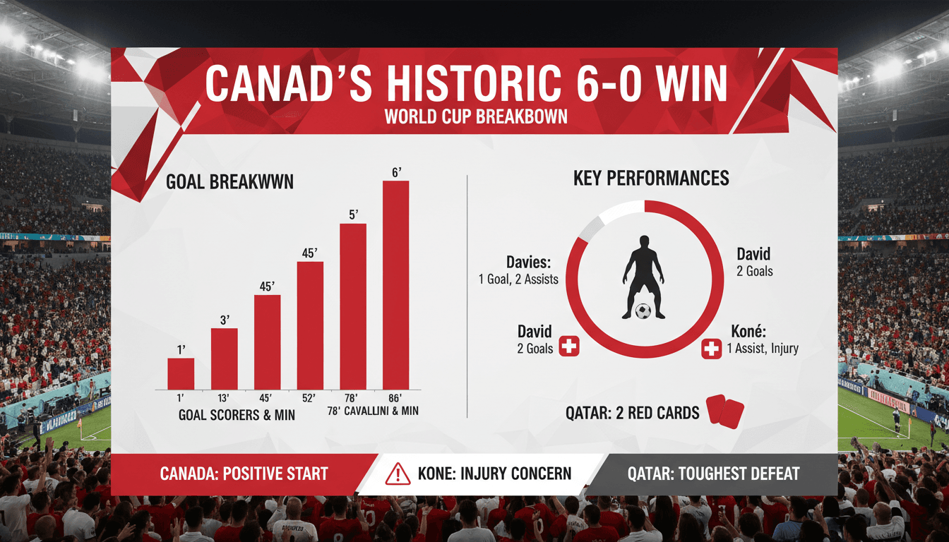 Canadian soccer team celebrating their first World Cup victory against Qatar.