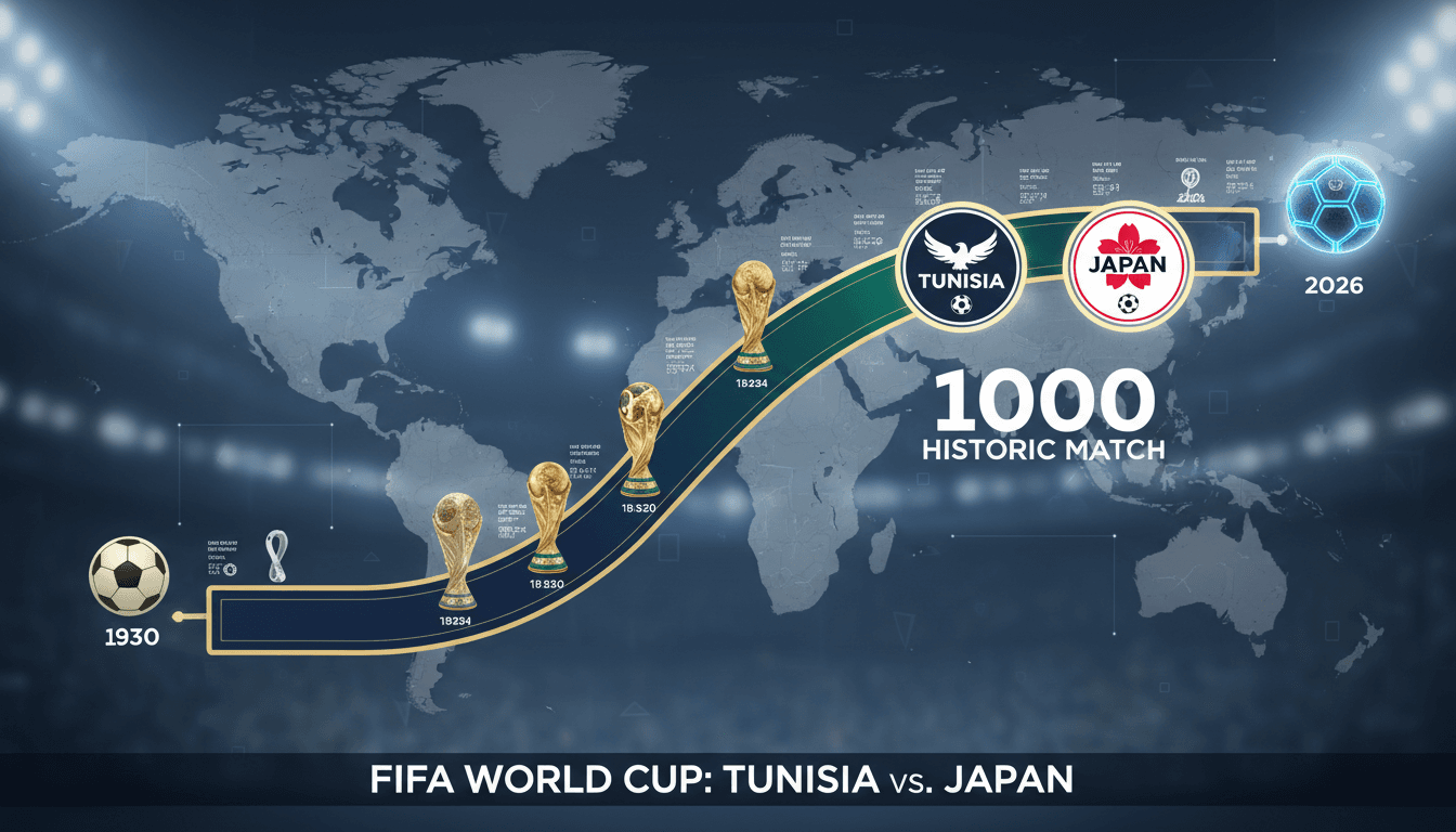 Tunisia and Japan players preparing for the historic 1000th FIFA World Cup match.
