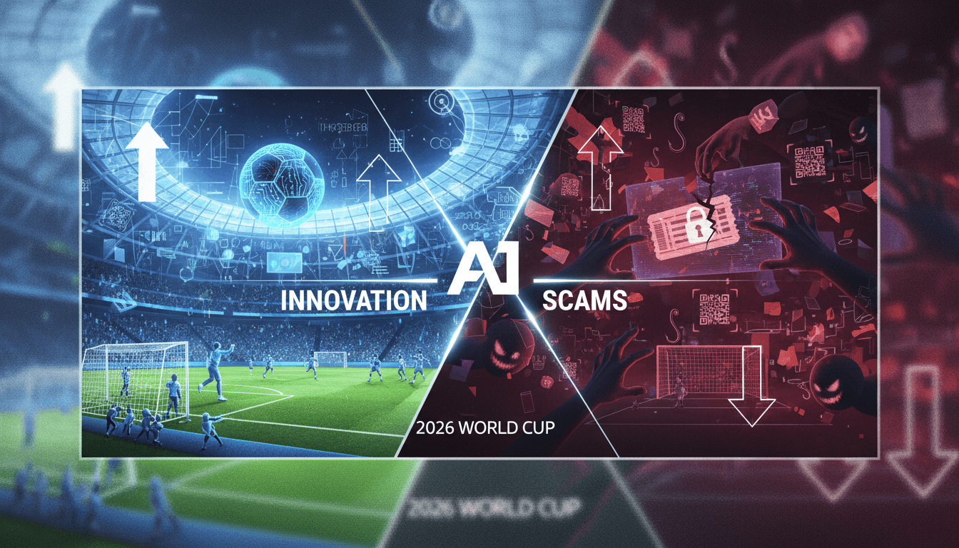 A visual representation of AI technology in sports and the associated risks of scams.