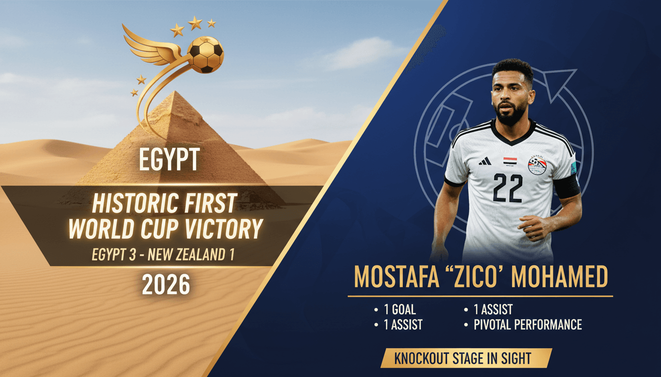 Egypt's national football team celebrating their first World Cup victory against New Zealand.
