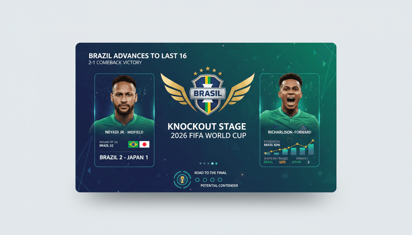 Brazil's national football team celebrating their victory against Japan in the 2026 World Cup.