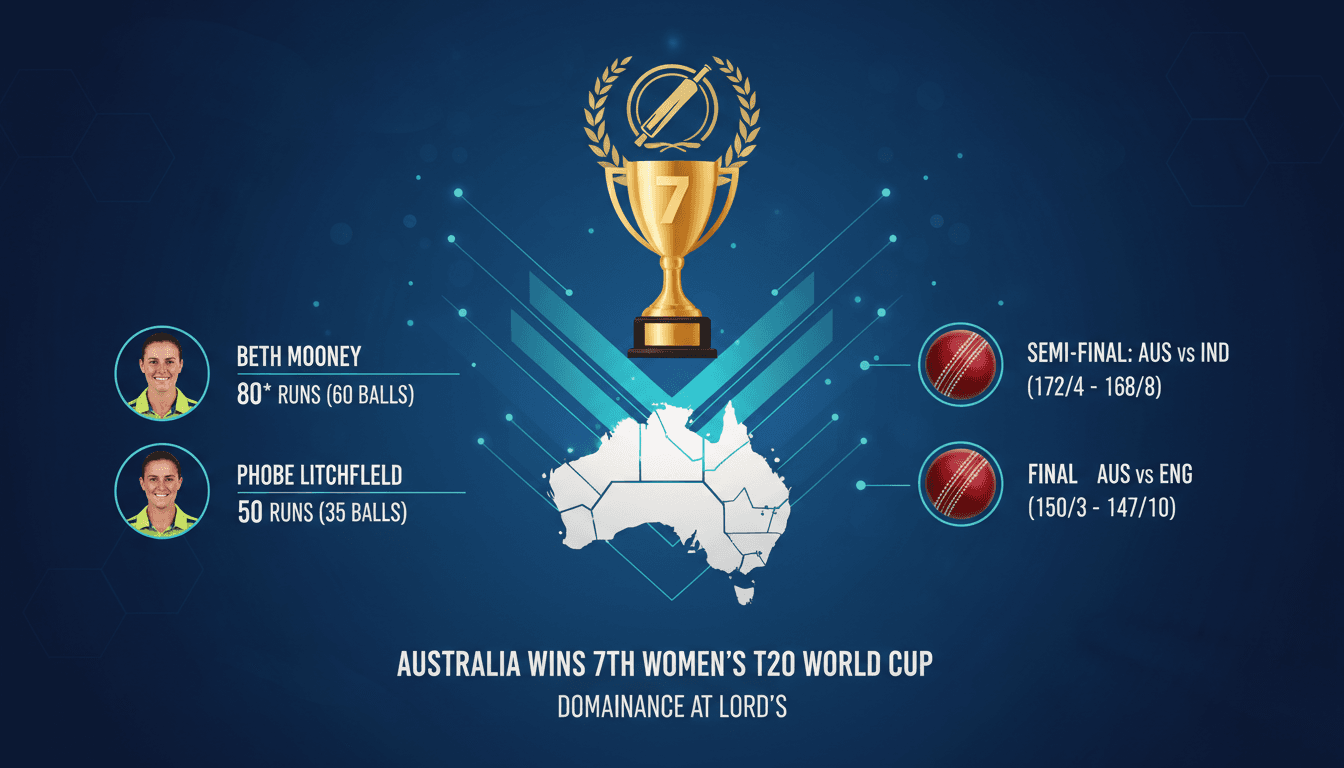 Australia celebrates their seventh Women's T20 World Cup victory against England.