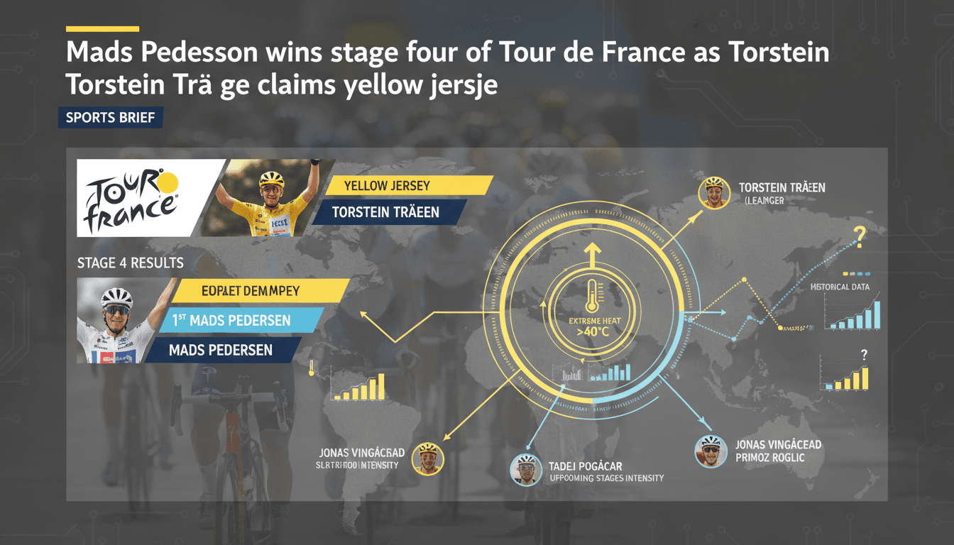 Mads Pedersen celebrating his victory in stage four of the Tour de France.