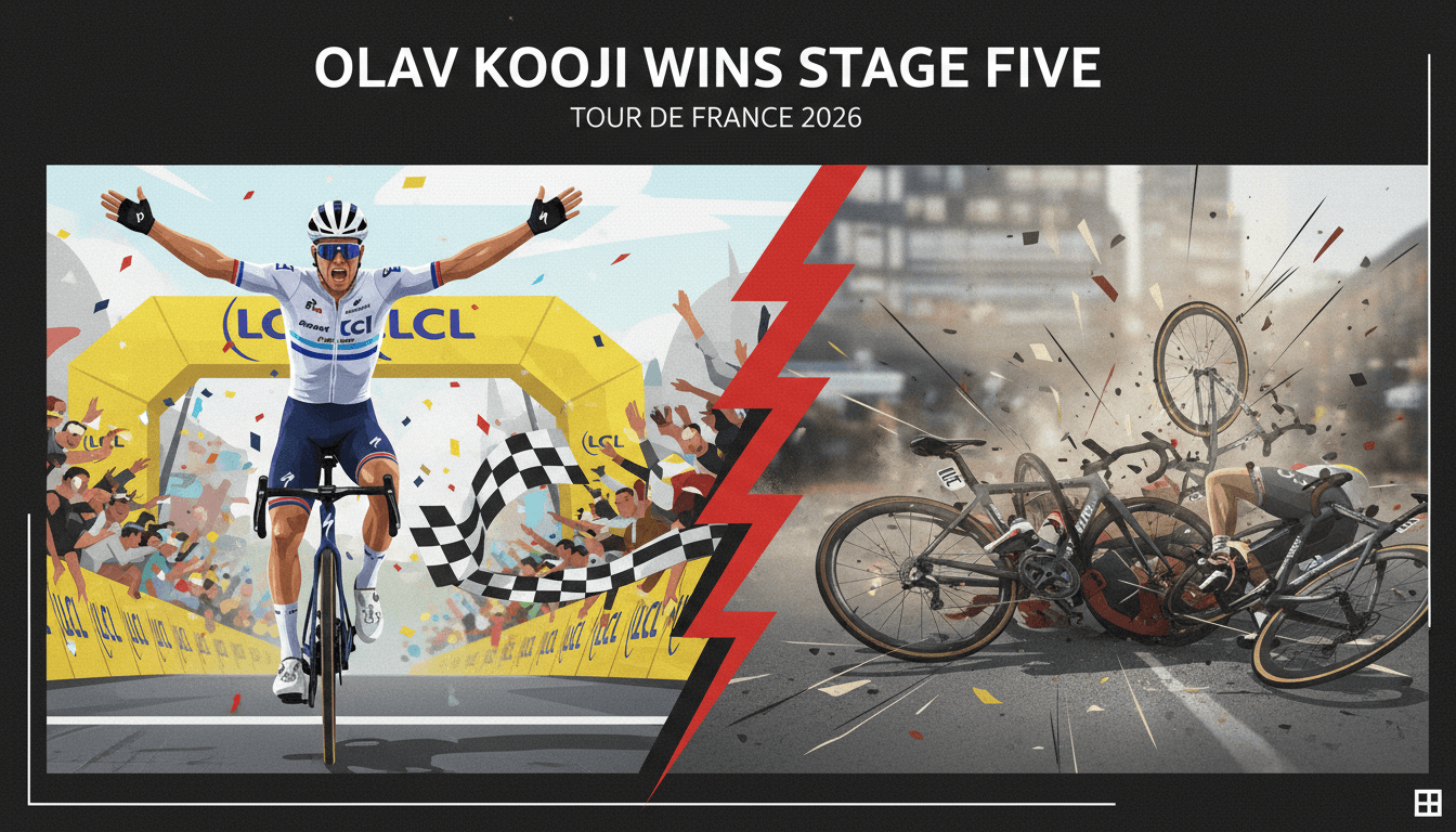 Olav Kooij celebrating his victory in stage five of the 2026 Tour de France.