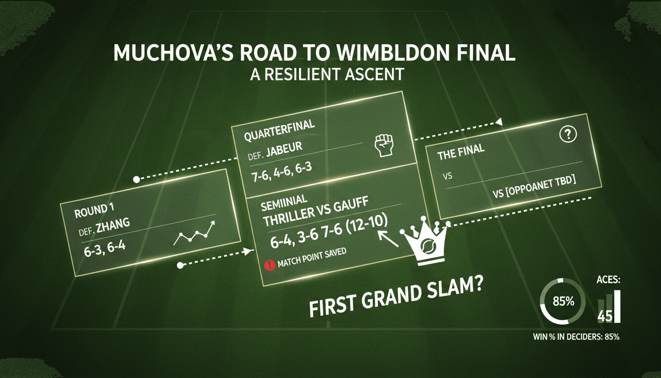 Karolina Muchova celebrating her victory over Coco Gauff at Wimbledon 2026.