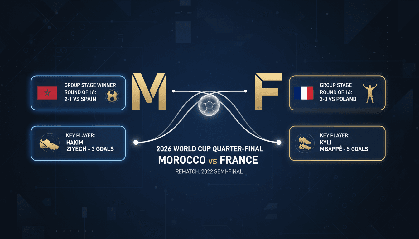 Moroccan football team preparing for the quarter-finals against France in the 2026 World Cup.