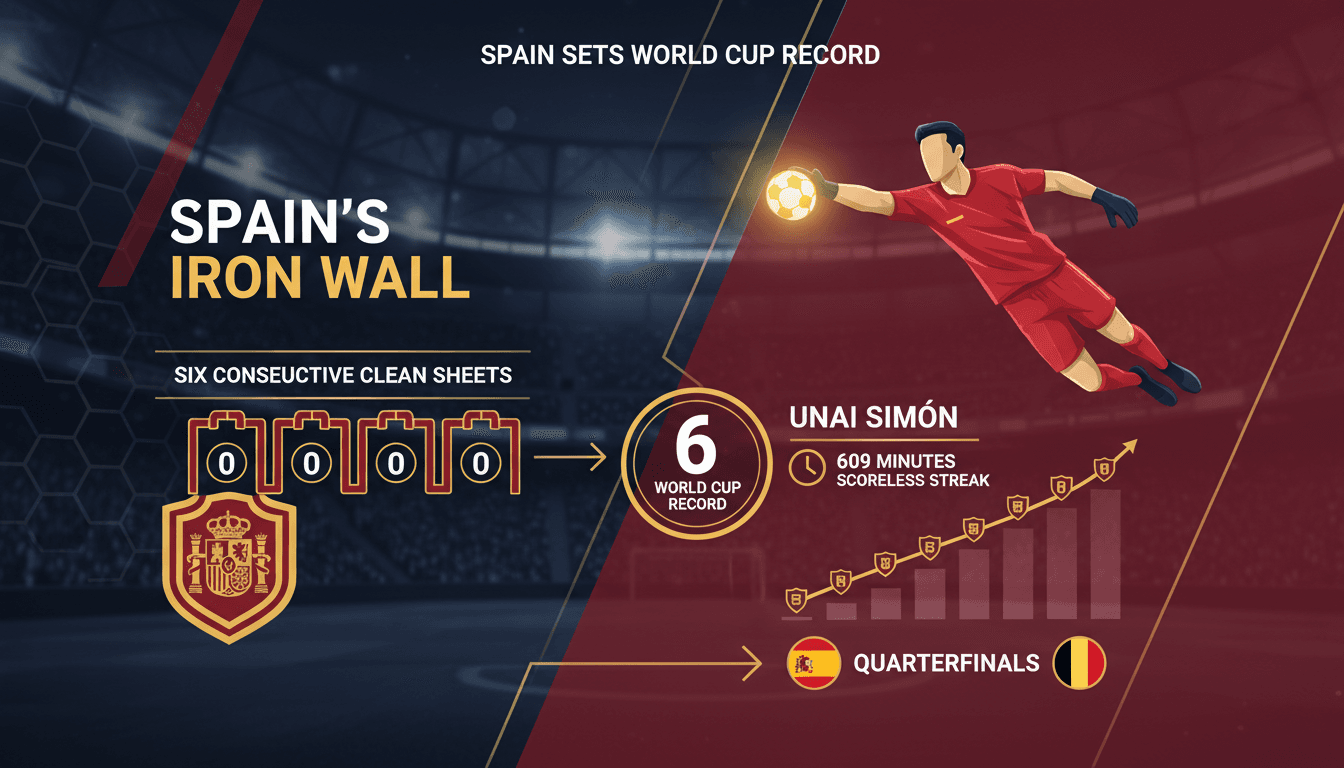 Spain's goalkeeper Unai Simón celebrating a clean sheet during the World Cup.