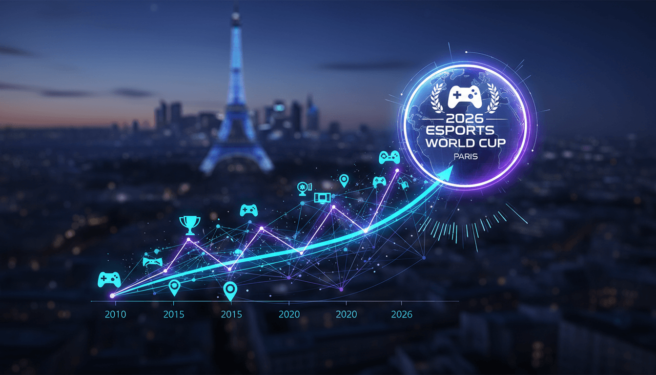 A vibrant scene from the 2026 Esports World Cup opening ceremony in Paris.