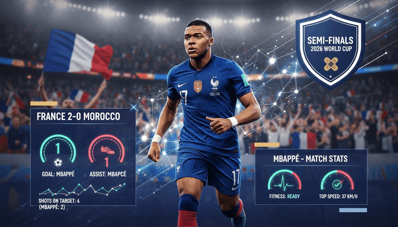 Kylian Mbappé celebrating after scoring against Morocco in the World Cup quarter-finals.