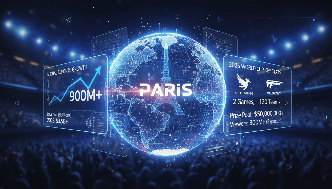 A vibrant scene from the 2026 Esports World Cup opening ceremony in Paris.