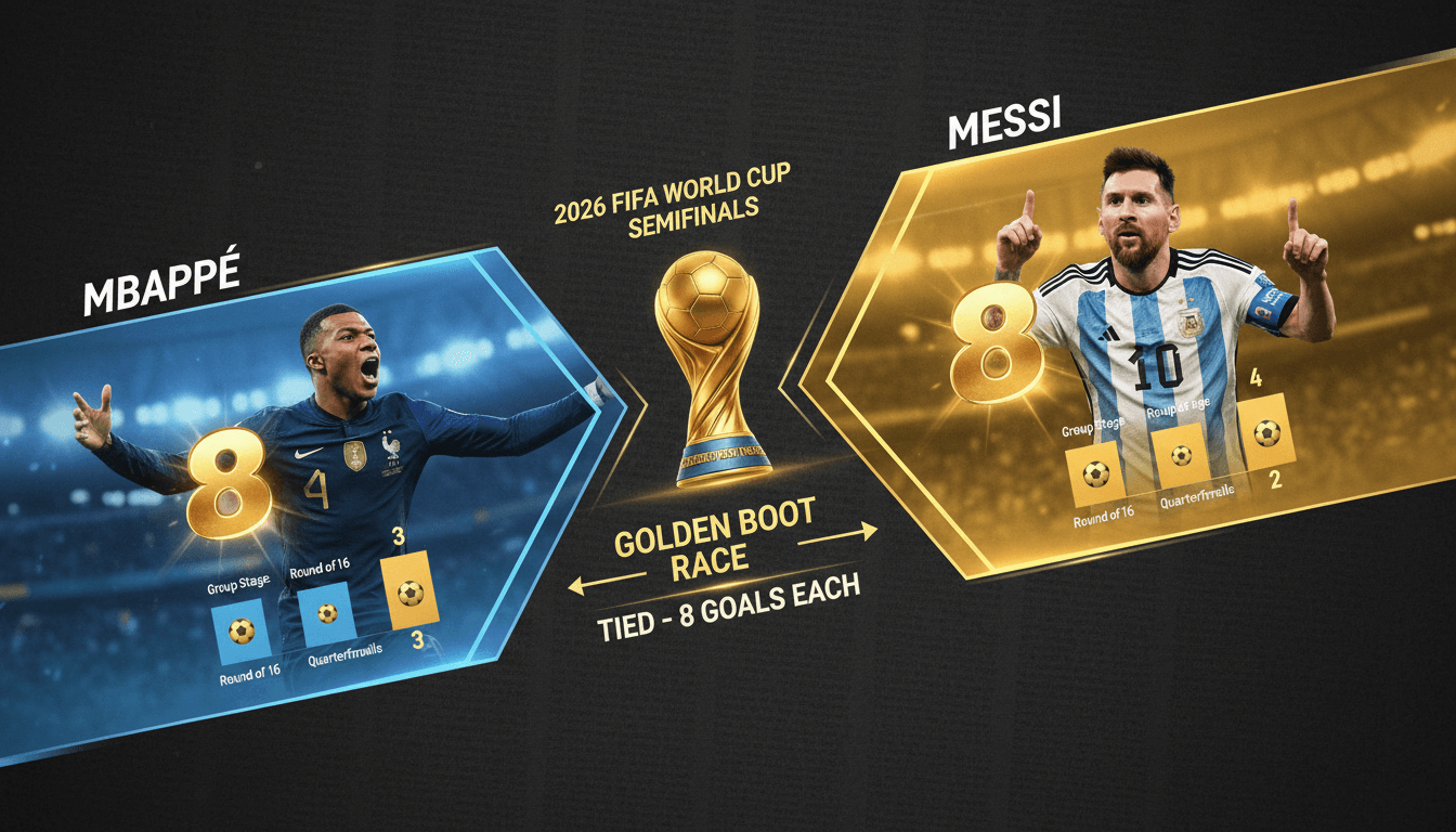 Kylian Mbappé and Lionel Messi competing for the Golden Boot at the 2026 FIFA World Cup.