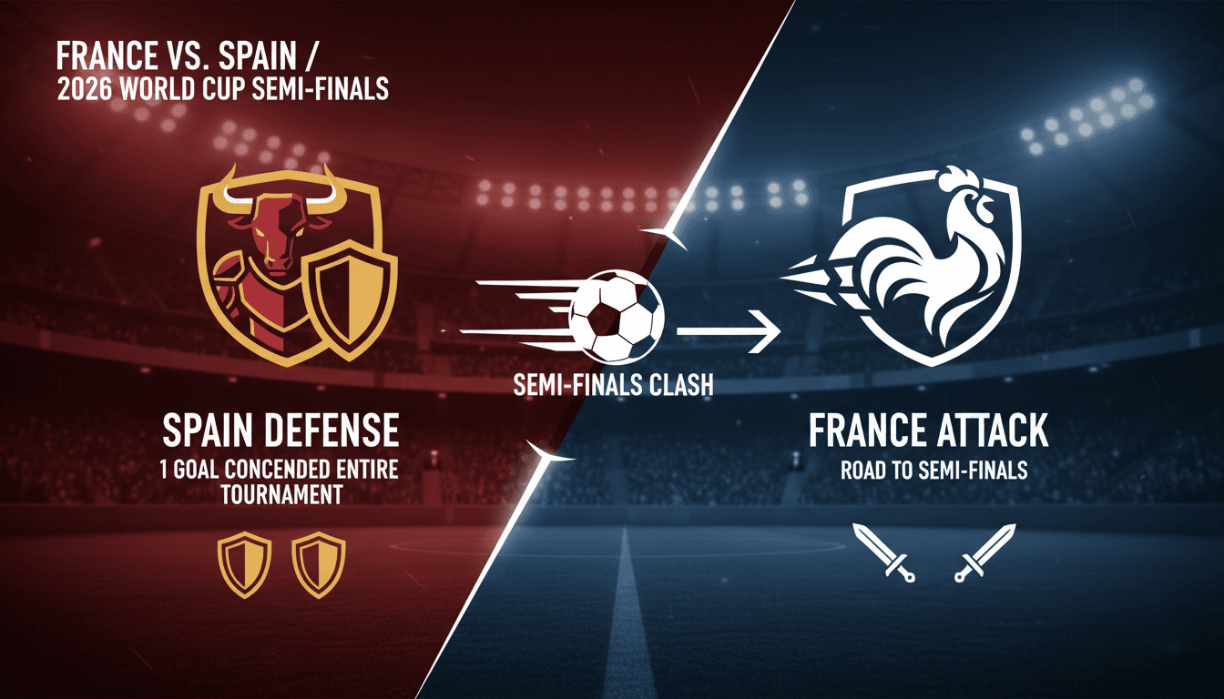 France and Spain flags representing their clash in the 2026 World Cup semi-finals