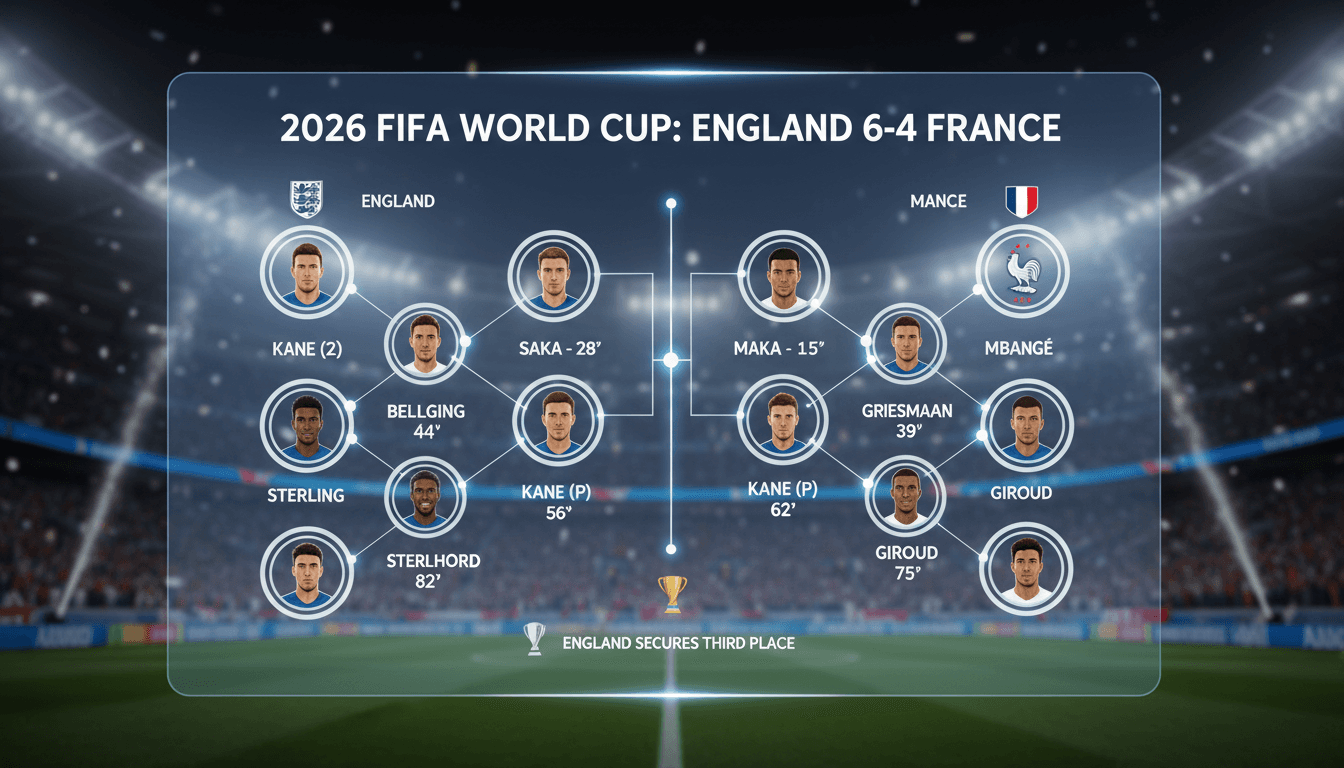 England celebrates victory over France in the 2026 FIFA World Cup third-place match.