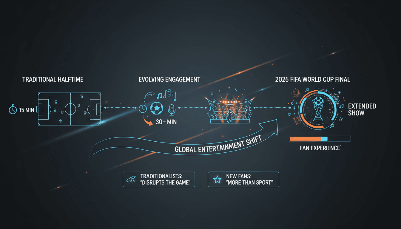 A vibrant graphic depicting the 2026 FIFA World Cup final and its extended halftime show.