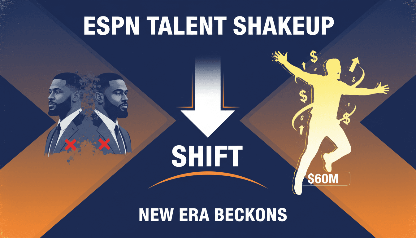 ESPN logo with a backdrop of sports figures affected by layoffs