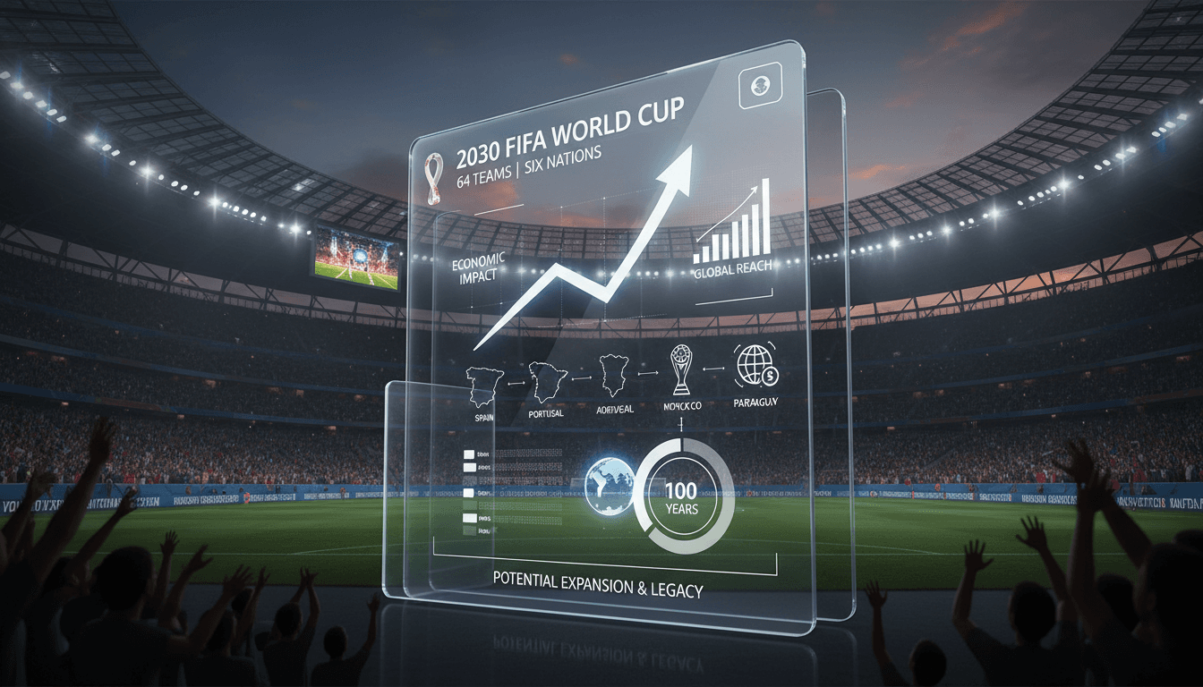 A graphic representation of the 2030 FIFA World Cup co-hosts and potential expansion.