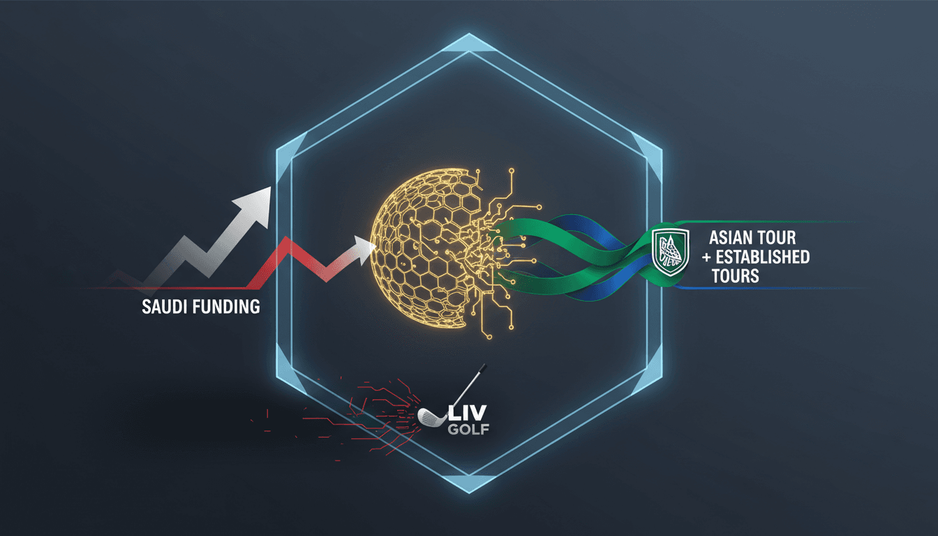 LIV Golf logo with a backdrop of golf courses and financial graphs