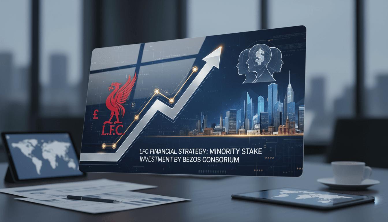 Liverpool FC logo with a backdrop of financial charts and investors