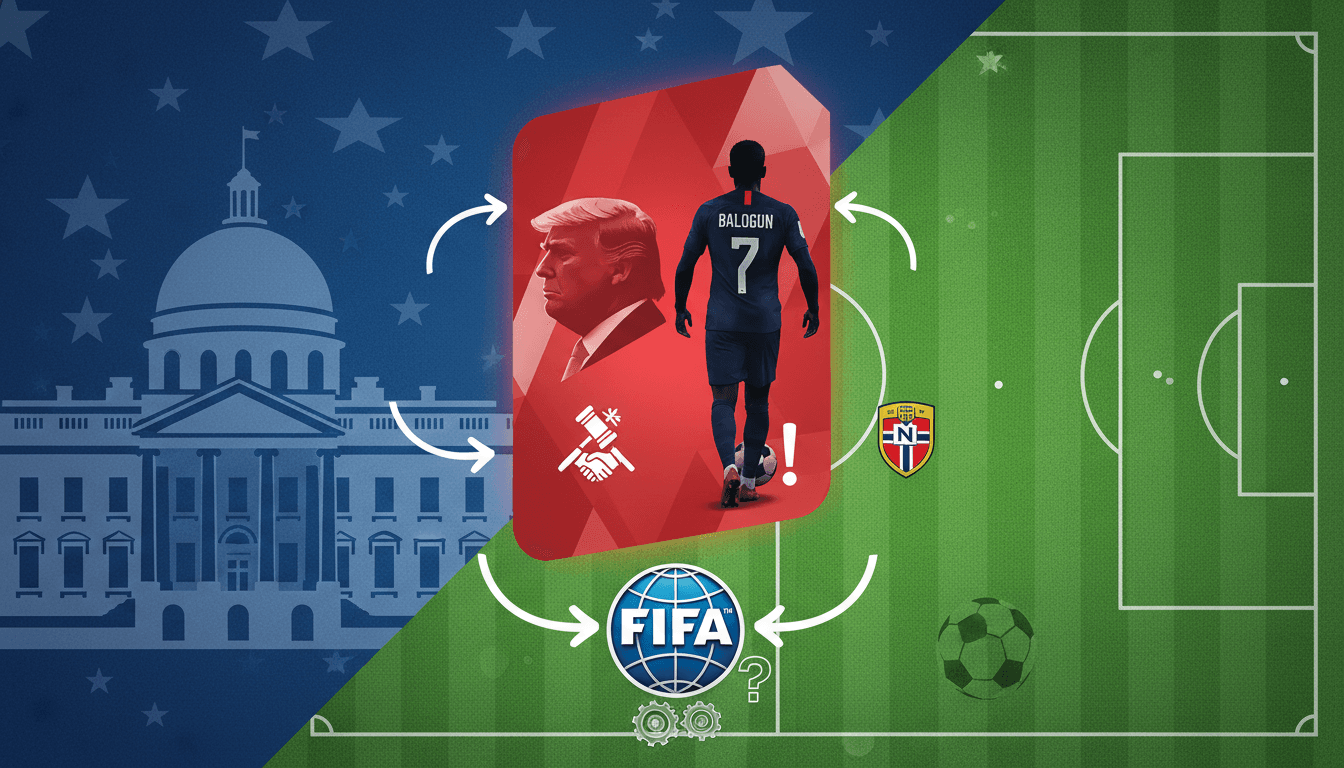President Trump speaking at a podium with FIFA logo in the background.