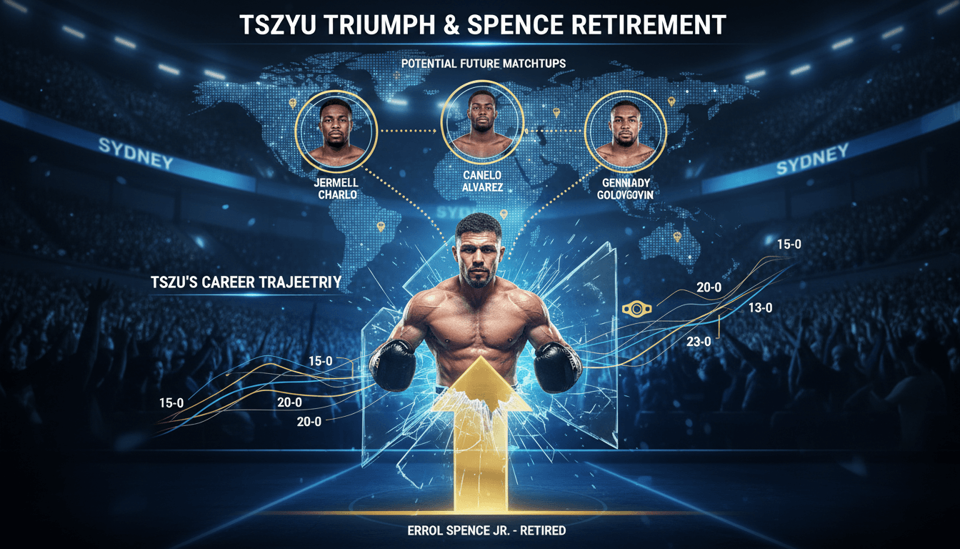 Tim Tszyu celebrating his victory over Errol Spence Jr. in the boxing ring.
